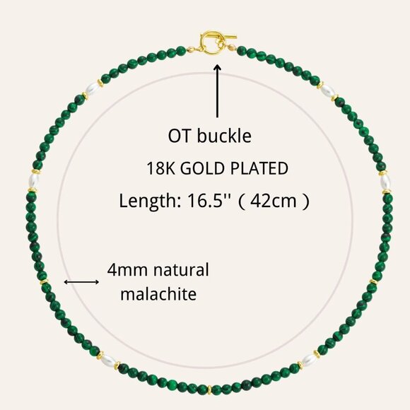 Natural Green Malachite Necklace 17in Beaded Choker with Gold Beads Pearl - Picture 6 of 6